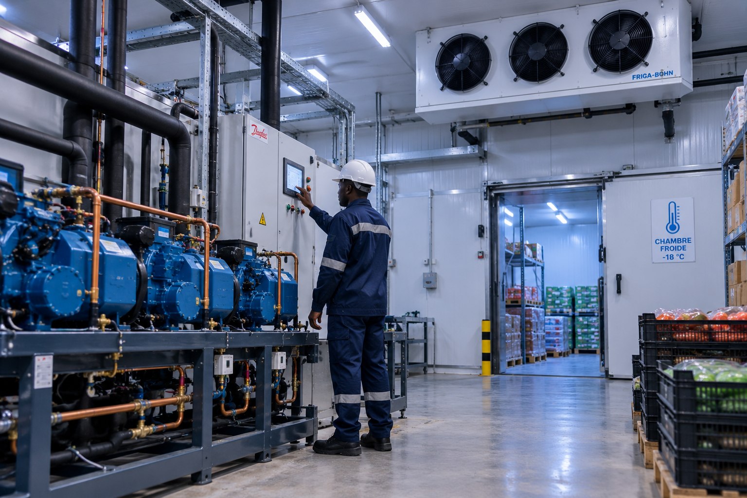 Technicien devant une centrale frigorifique desservant une chambre froide à -18 °C