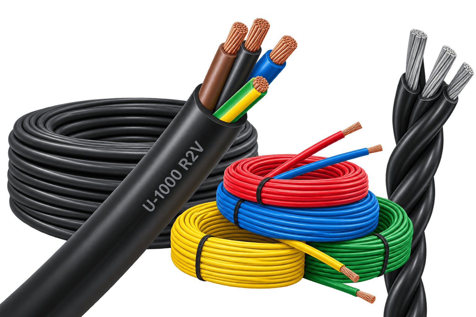 Couronnes de câble U-1000 R2V, fils H07V-U rouge, bleu, jaune-vert et câble torsadé aérien en aluminium
