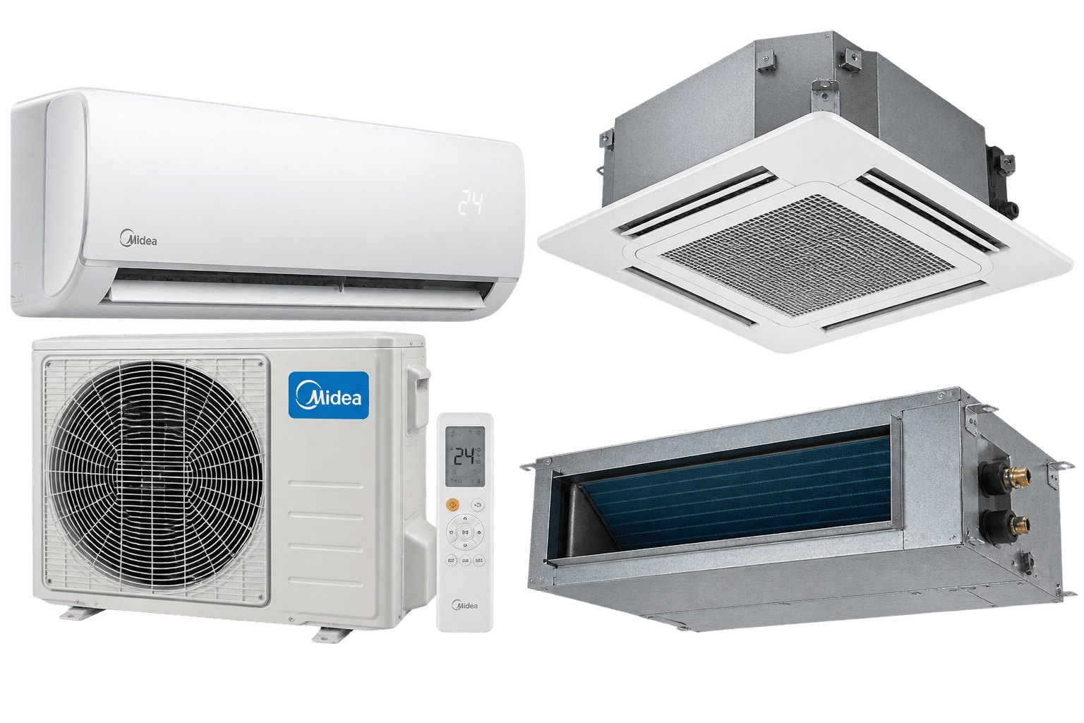 Climatiseurs : unité murale split et son groupe extérieur, unité cassette de plafond et unité gainable, avec télécommande