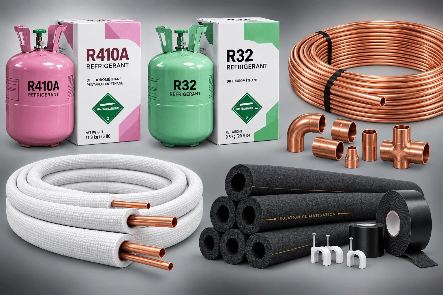 Bouteilles de fluide frigorigène R410A et R32, couronne et raccords en cuivre, liaison frigorifique pré-isolée, manchons d'isolation et rubans