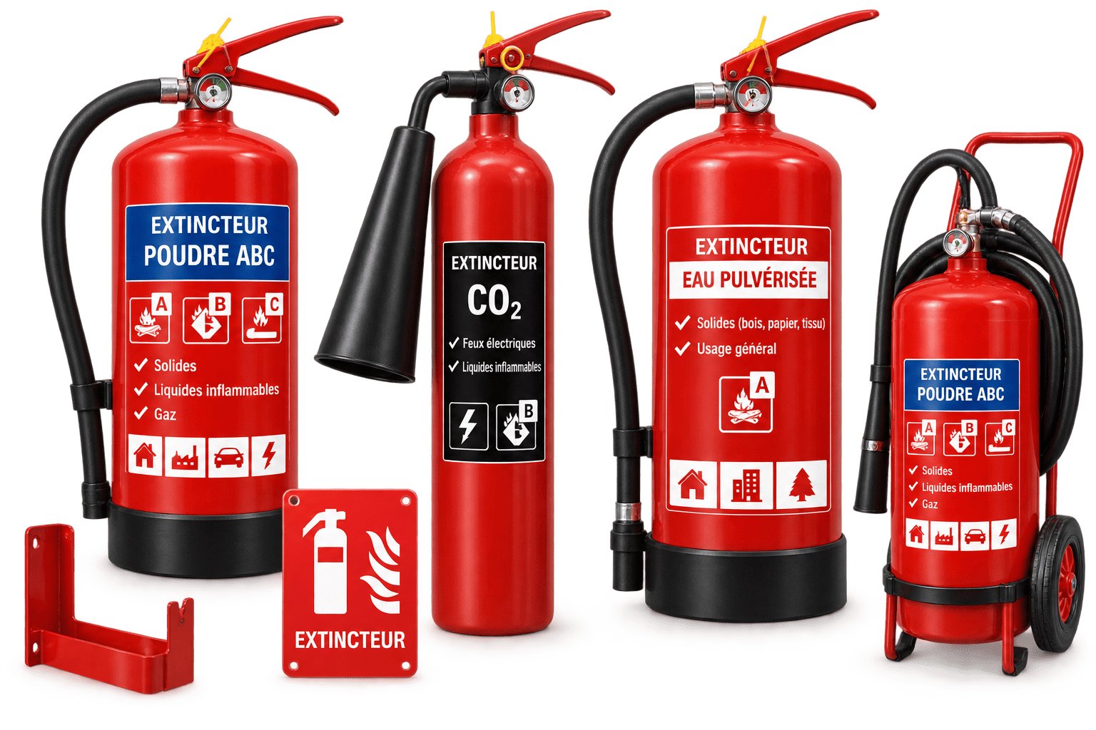 Extincteurs poudre ABC, CO₂ et eau pulvérisée, modèle mobile sur roues, support mural et panneau de signalisation