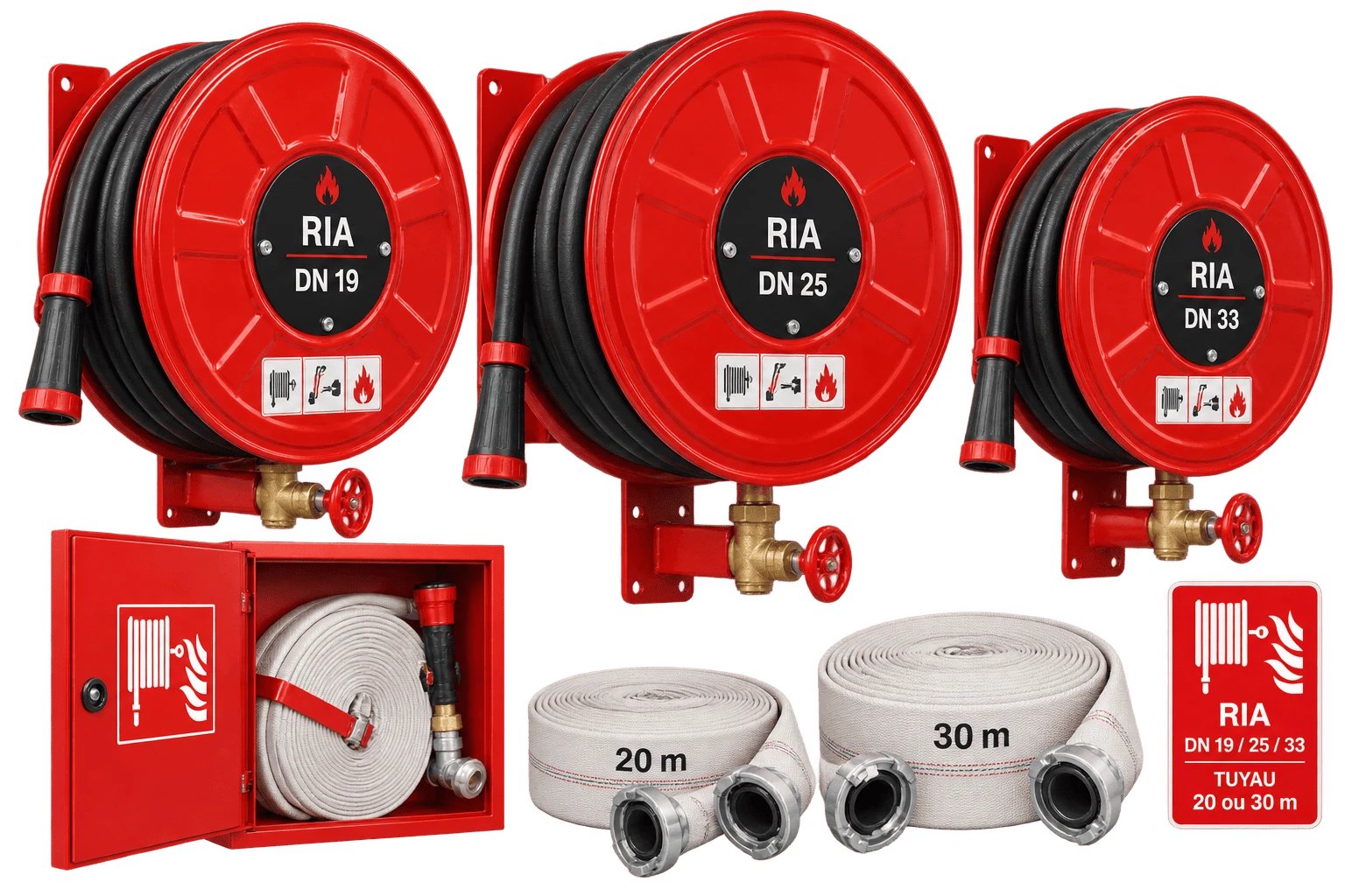 Robinets d'incendie armés DN 19, 25 et 33 sur dévidoirs muraux, coffret à tuyau plat et couronnes de tuyau 20 et 30 m à raccords symétriques