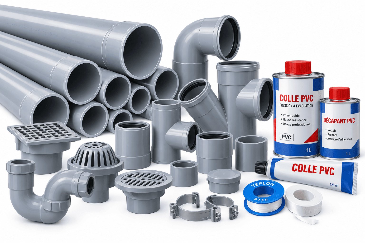 Tuyaux et raccords d'évacuation PVC avec siphon de sol, grilles, colliers, pots de colle PVC, décapant et téflon