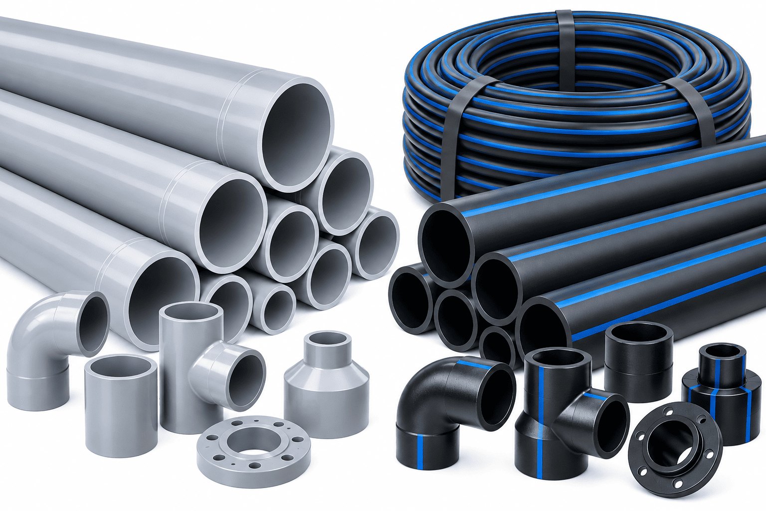 Tuyaux PVC gris et tuyaux PEHD noirs à bande bleue empilés par diamètre, avec une couronne PEHD et des raccords