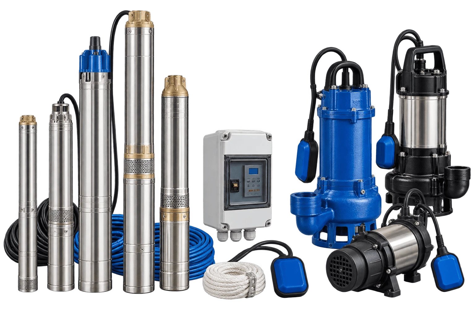 Gamme de pompes immergées : pompes de forage inox, pompes submersibles pour eaux chargées, coffret de commande, flotteurs et câble