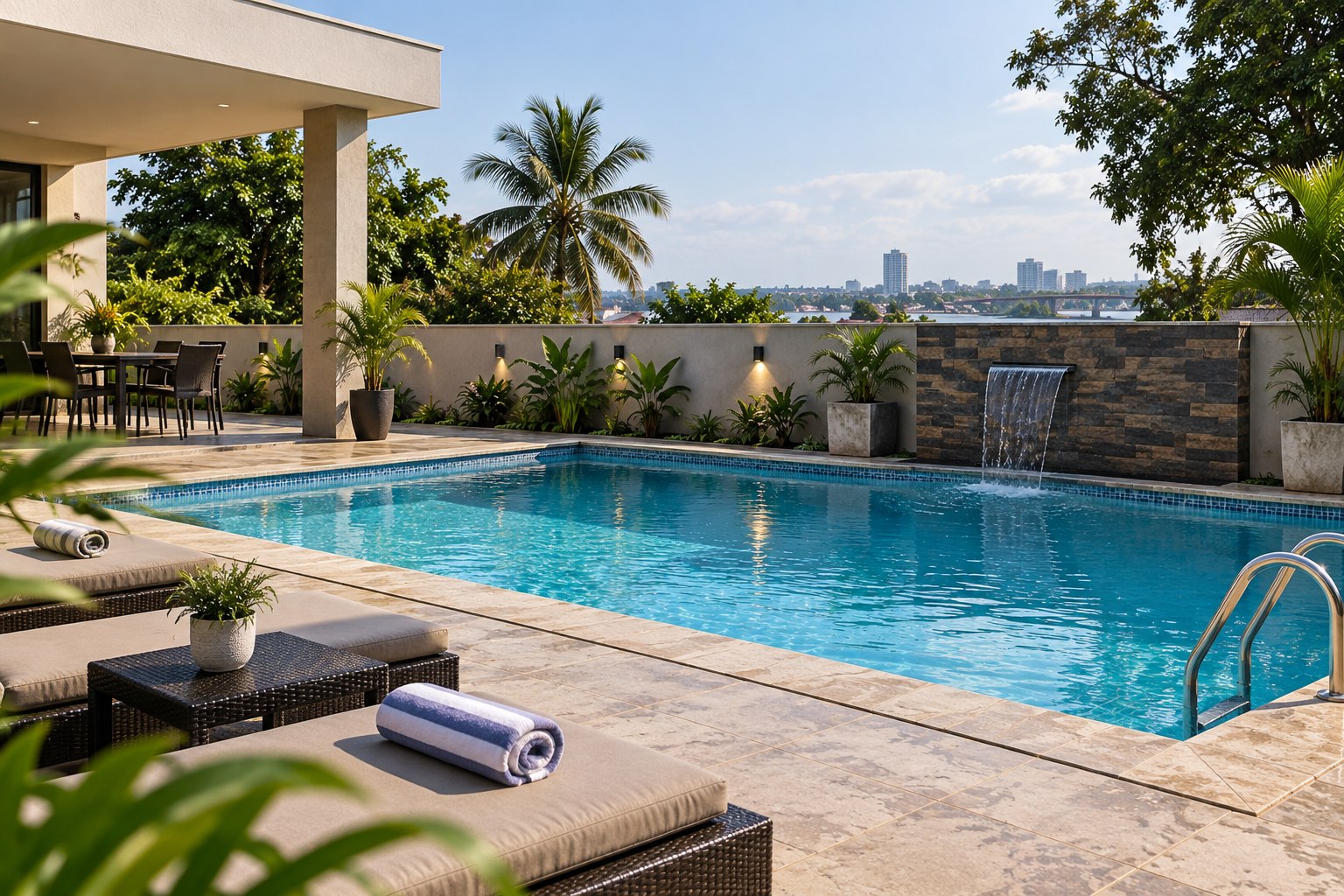 Piscine en béton avec lame d'eau, plage en pierre et terrasse aménagée