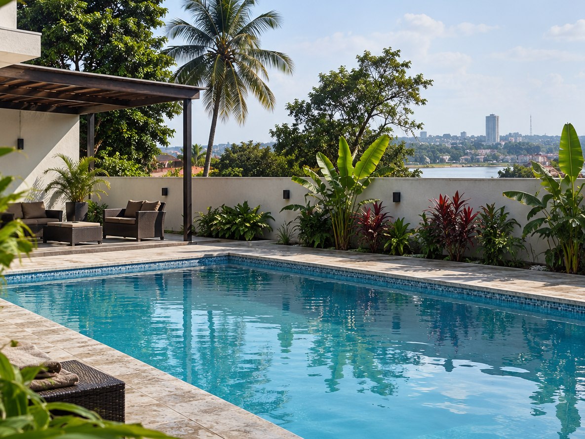 Piscine en béton avec plage en pierre, terrasse ombragée et vue sur le fleuve