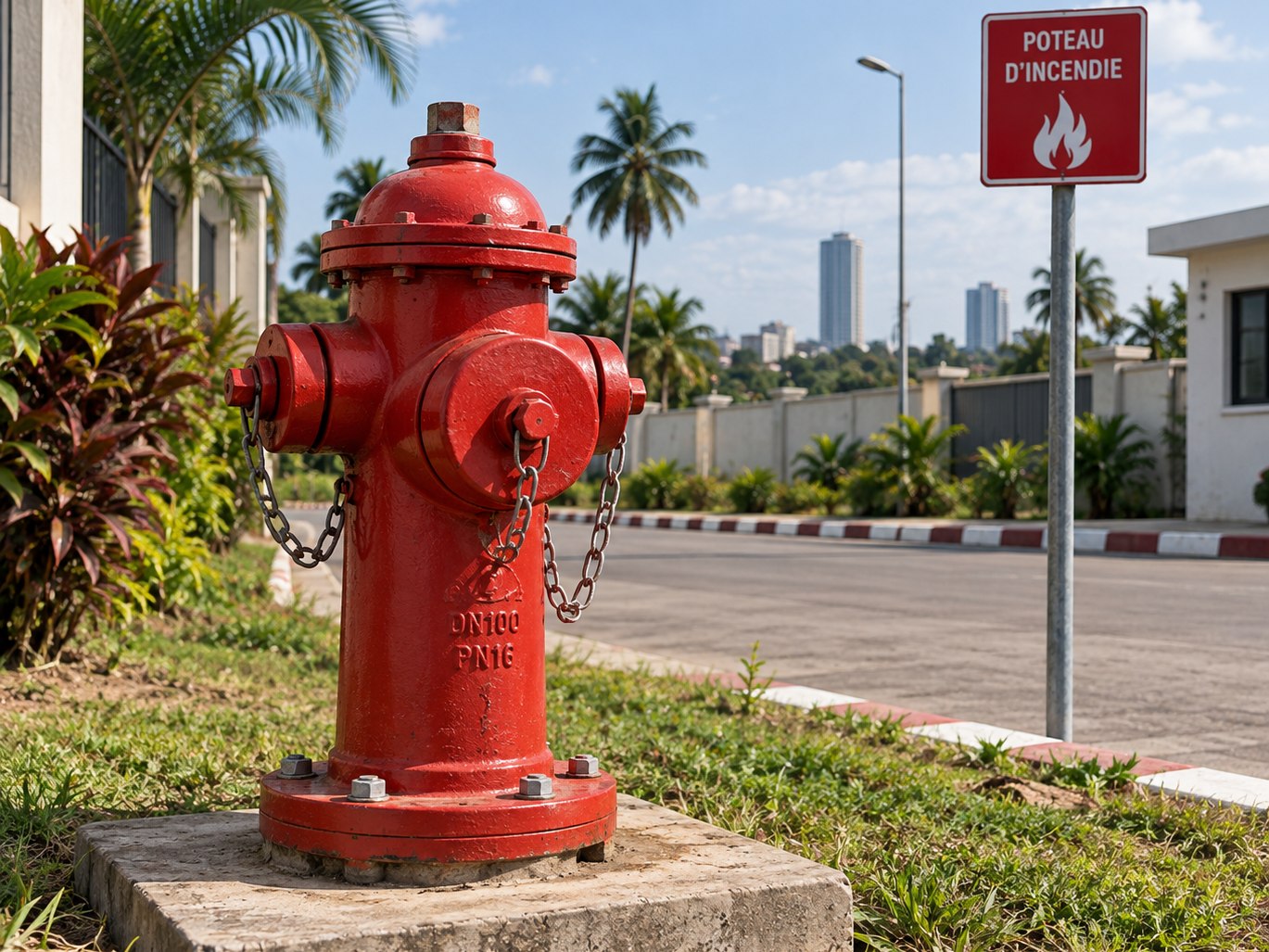 Poteau d'incendie DN 100 PN 16 installé en bord de voirie, avec sa signalisation
