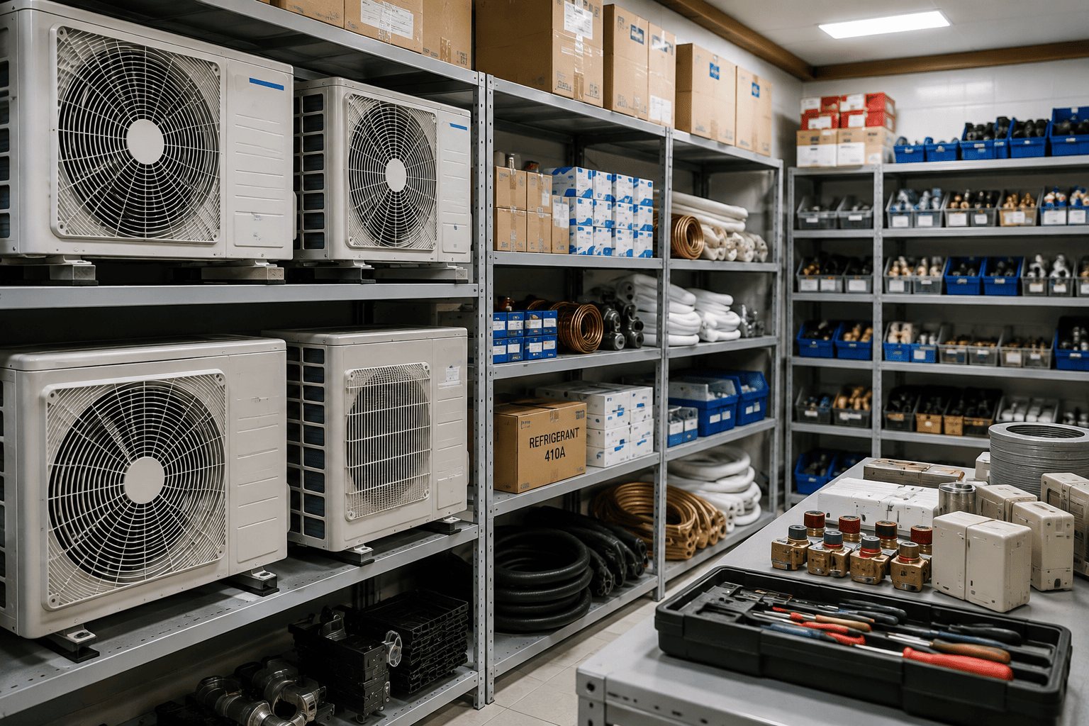 Magasin de pièces : groupes de climatisation, cuivre, raccords et outillage en rayonnage